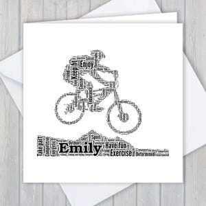 Mountainbiken WordArt verjaardagswens gefeliciteerd felicitatiekaart, unieke aandenken, voor haar, hem, man, vrouw, moeder, moeder, vader