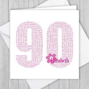 Biglietto di auguri per il 90° compleanno, personalizzato, ricordo, auguri unici, word art personalizzata Lei, ragazza, figlia, figlioccia, nipote, pronipote, nonna