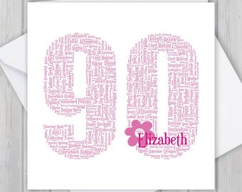 Personalized 90th Birthday Word Art Card: Unique Keepsake Greeting GCF090