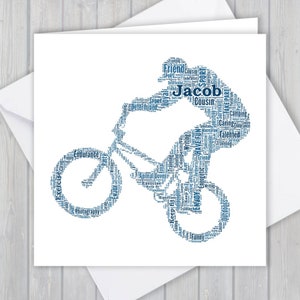 Carte de vœux BMX personnalisée. Ajoutez vos propres mots pour créer un souvenir unique pour votre fils, fille, maman, papa, petite-fille ou petit-fils.