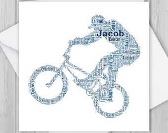 Personalized BMX greeting card. Add you own words to create a unique keepsake for your Son, Daughter, Mum, Dad, Granddaughter or Grandson