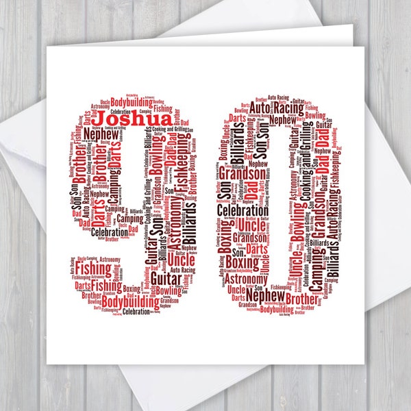 Personalized 90th Birthday Card, Custom word art Unique keepsake Greeting, For Her, Him, Great Uncle, Great Aunt, Dad, mam, Granda, Nana