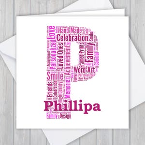 Gepersonaliseerde custom, elke naam initiaal, wordart unieke aandenken wenskaart, voor haar, hem, dochter, zoon, vader, moeder, moeder, opa, oma