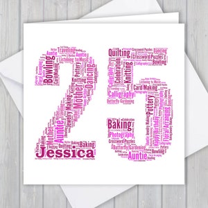 Carte de 25e anniversaire personnalisée, mot art personnalisé, carte de voeux souvenir unique, pour elle, lui, fille, fils, petit-fils, petite-fille
