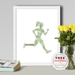 May include: A green word cloud in the shape of a running woman. The word cloud includes words such as "exercise", "friend", "energetic", "funny", and "photography". The woman's name, "Elizabeth", is written in black at the bottom of the image.
