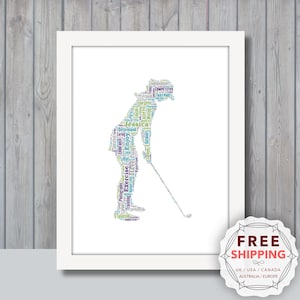 Könnte beinhalten: Ein Wortwolken-Kunstdruck eines Golfers, wobei die Silhouette eines Golfers aus Wörtern besteht, die sich auf Golf und persönliche Eigenschaften beziehen. Die Wörter sind in verschiedenen Farben, darunter Grün, Blau, Lila und Pink. Der Druck ist in einem weißen Rahmen gerahmt.