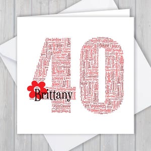 Carte de 40e anniversaire, personnalisée, souvenir, voeux unique, word art personnalisé elle, fille, fille, filleule, nièce, petite-fille, grand-mère