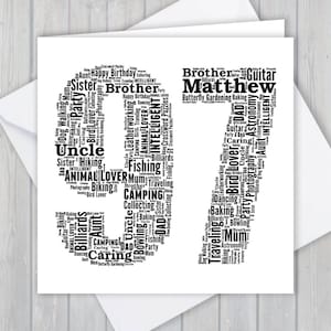 Puede incluir: Una nube de palabras en blanco y negro con forma del número 17. Las palabras incluyen "hermano", "acampada", "pesca", "guitarra", "inteligente", "cariñoso", "tío", "papá", "mamá", "fiesta", "bicicleta", "viajes", "billar", "fotografía", "astronomía" y "Mateo".