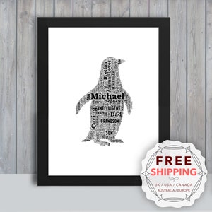 Gepersonaliseerde pinguïn, ingelijste muurkunst cadeau, aandenken, unieke print voor haar, hem, vriend, man, moeder, moeder, vader, A5, A4, A3 Brd025