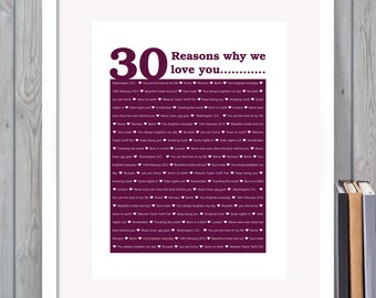 30 Reasons We Love You, 30th Birthday, Anniversary, Unique Personalised Digital print | Husband, Him, Dad, Son, Wife, Her, Daughter, sister