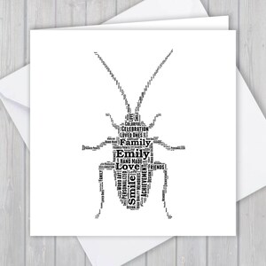 May include: Black and white word art design of a beetle with the name "Emily" in the center. The words surrounding the name include "family", "love", "friends", "achievement", "smile", and "hand made".