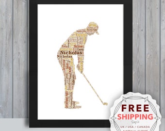 Pode incluir: Uma impressão de arte de palavras de um golfista, composta por palavras relacionadas ao esporte, incluindo "Nicholas", "Enjoy", "Sport", "Competitive", "Loyal", "Take Part", "Keep Fit", "Determined", "Endurance", "Exercise", "Caring", "Outdoors", "Party", "Have Fun", e muito mais.