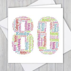 Gepersonaliseerde 80e verjaardagskaart, aangepaste woordkunst Unieke aandenken Groet, voor haar, hem, oudoom, oudtante, vader, mam, opa, oma