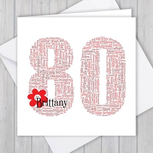 Carte des 80 ans, personnalisée, souvenir, voeux unique, word art personnalisé elle, fille, fille, filleule, nièce, petite-fille, grand-mère