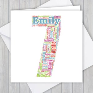 Cartão de aniversário personalizado de 7 anos, cartão de felicitações de lembrança exclusivo com arte de palavra personalizada, para ela, ele, filha, filho, neto, neta