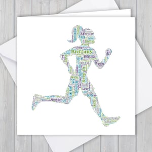 Tarjeta de felicitación personalizada para correr. Añade tus propias palabras para crear un recuerdo único para tu hijo, hija, mamá, papá, novio o hermano.