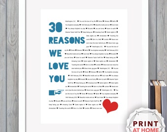 30 Reasons We Love You, 30th Birthday, Anniversary, Personalised Digital print keepsake Husband, Him, Dad, Son, Wife, Her, Daughter, sister