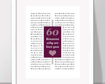 Personalized 60 Reasons Why We Love You Print: Birthday, Anniversary (Digital PDF)