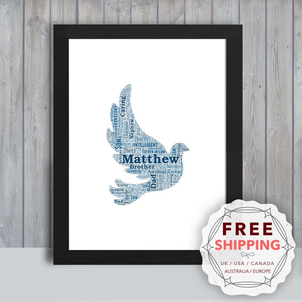 Personalized dove , framed wall art gift, keepsake, Unique print - For Her, Him, Friend, Husband, Mom, Mum, Dad, A5, A4, A3 Brd082