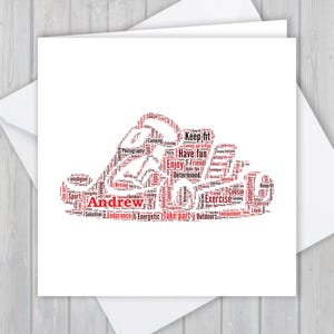 Carte de voeux d'anniversaire Go Karting Racing Word Art Merci carte de félicitations, souvenir unique, pour elle, lui, mari, femme, maman, maman, papa
