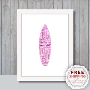 Impressão artística personalizada com palavras sobre surfe: presente de surfista, lembrança emoldurada SPO029