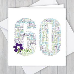 Biglietto di auguri per il 60° compleanno, personalizzato, ricordo, auguri unici, word art personalizzata Lei, ragazza, figlia, figlioccia, nipote, nonna