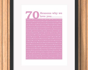 70 Reasons We Love You, 70th Birthday, Anniversary, Unique Personalised Digital print | Husband, Him, Dad, Son, Wife, Her, Daughter, sister