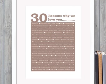 30 Reasons We Love You, 30th Birthday, Anniversary, Unique Personalised Digital print | Husband, Him, Dad, Son, Wife, Her, Daughter, sister