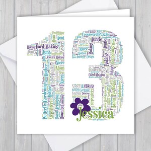 Carte de 13e anniversaire, personnalisée, souvenir, voeux unique, word art personnalisé elle, fille, fille, filleule, nièce, petite-fille, grand-mère