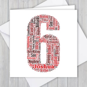 Cartão de aniversário personalizado de 6º aniversário, cartão de felicitações de lembrança exclusivo com arte de palavra personalizada, para ela, ele, filha, filho, neto, neta