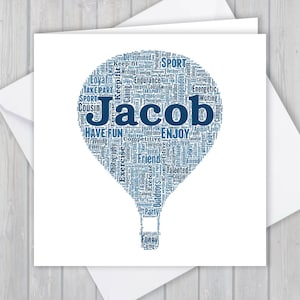 Cartão personalizado de balão de ar quente. Adicione suas próprias palavras para criar uma lembrança exclusiva para seu filho, filha, mãe, pai, tia ou tio