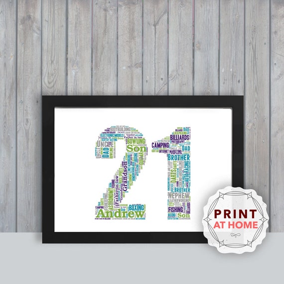 Personalised 21st Birthday, Print at Home Word Art Gift, Unique
