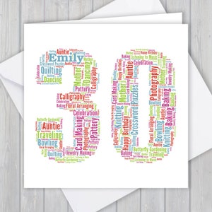 Carte de 30e anniversaire personnalisée, mot art personnalisé, carte de voeux souvenir unique, pour elle, lui, fille, fils, papa, maman, grand-mère, grand-mère