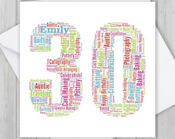 Carte de 30e anniversaire personnalisée, mot art personnalisé, carte de voeux souvenir unique, pour elle, lui, fille, fils, papa, maman, grand-mère, grand-mère