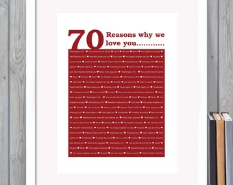 70 Reasons We Love You, 70th Birthday, Anniversary, Unique Personalised Digital print | Husband, Him, Dad, Son, Wife, Her, Daughter, sister