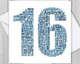 Könnte beinhalten: Eine blaue und weiße Wortwolkenkarte mit dem Namen "Andrew" in der Mitte. Die Wortwolke hat die Form der Zahl 16 und enthält Wörter wie "Bruder", "Camping", "Angeln", "Gitarre" und "intelligent".
