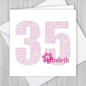 Tarjeta de cumpleaños número 35, personalizada, recuerdo, saludo único, arte de palabras personalizado Ella, niña, hija, ahijada, sobrina, nieta, abuela