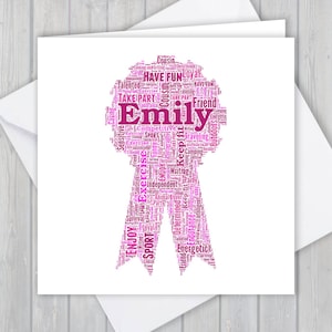 Personalisierte Pferdereit Rosette Grußkarte. Add you own words for a unique keepsake for your Son, Daughter, Mum, Dad, Granddaughter
