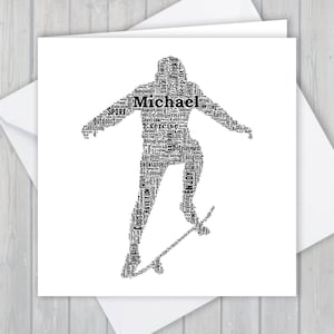 Tarjeta de felicitación personalizada de Skateboarding. Agregue sus propias palabras para crear un recuerdo único para su hijo, hija, nieta o nieto