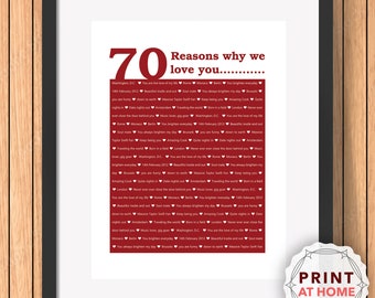 70 Reasons We Love You, 70th Birthday, Anniversary, Unique Personalised Digital print | Husband, Him, Dad, Son, Wife, Her, Daughter, sister