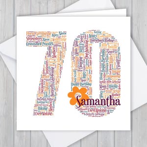 Carte du 70e anniversaire, personnalisée, souvenir, voeux unique, word art personnalisé elle, fille, fille, filleule, nièce, petite-fille, grand-mère
