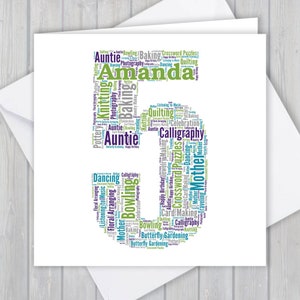 Personnalisé 5e carte d’anniversaire, mot personnalisé mot art unique souvenir Carte de vœux, Pour elle, Lui, Fille, Fils, Petit-fils, Petite-fille