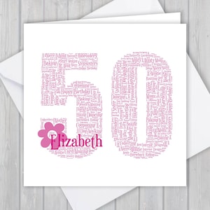 Tarjeta de 50 cumpleaños, personalizada, recuerdo, saludo único, arte de palabras personalizado Ella, niña, hija, ahijada, sobrina, nieta, abuela