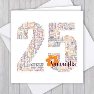 Biglietto di auguri per il 25° compleanno, personalizzato, ricordo, auguri unici, word art personalizzata Lei, ragazza, figlia, figlioccia, nipote, nonna