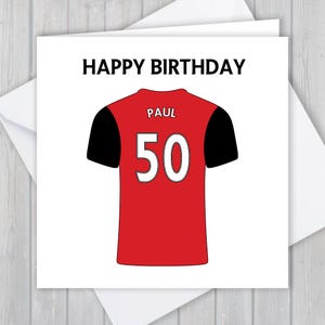 Fußball Geburtstagskarte, personalisiert, 36., 37., 38., 39., 40. Geburtstag, jeder Name & Alter, für Jungen, Mädchen, Kinder | Rot und Schwarz