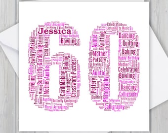 Personalized 60th Birthday Card, Custom word art Unique keepsake Greeting, For Her, Him, Great Uncle, Great Aunt, Dad, mam, Granda, Nana