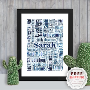 May include: A framed word art print with a white background and blue text. The text is arranged in a cloud shape and includes words like "love", "family", "friends", "achievement", "hand made", "memories", and "celebration". The name "Sarah" is prominently displayed in the center of the word cloud.