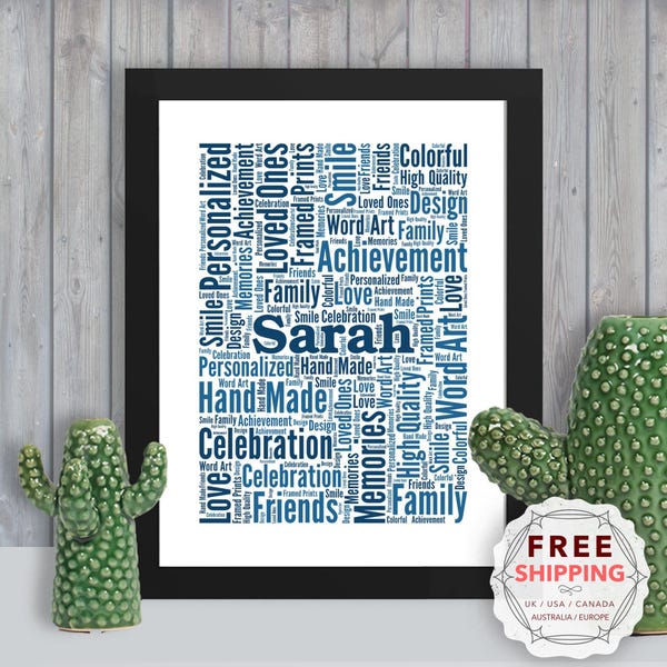 Lámina decorativa personalizada con palabras: recuerdo rectangular personalizado, enmarcado Cus002