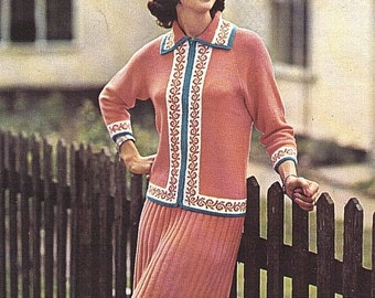 Lady's suit, coat-blouse and skirt. PDF Knitting Pattern 1970s Digital Download