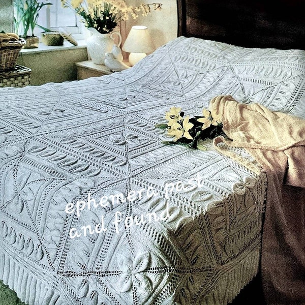 Vintage knitted BEDSPREAD, Decorative Whitework Knitting Pattern, PDF, Embossed Leaf Design Blanket/Throw/Bed Cover, Retro Home, Download